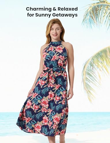 Image of PATPAT Family Hawaiian Matching Outfits - Mommy and Me Vacation Outfits | Halter Sundresses and Button Down Shirts,Caribbean Vacation Summer Tropical Outfits,Hawaiian Boho Tropical Floral Printed