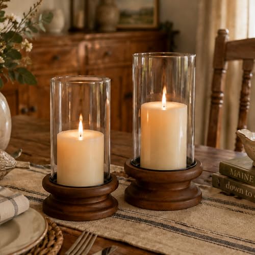 Hewory Hurricane Glass Candle Holders: 2PCS Wooden Brown Candle Holders