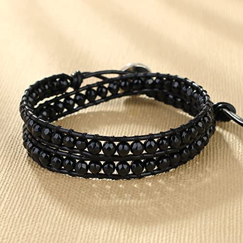 Image of KELITCH Natural Agate Onyx 2 Wrap Bracelets Handmade Leather Strand Bracelets Fashion Jewelry