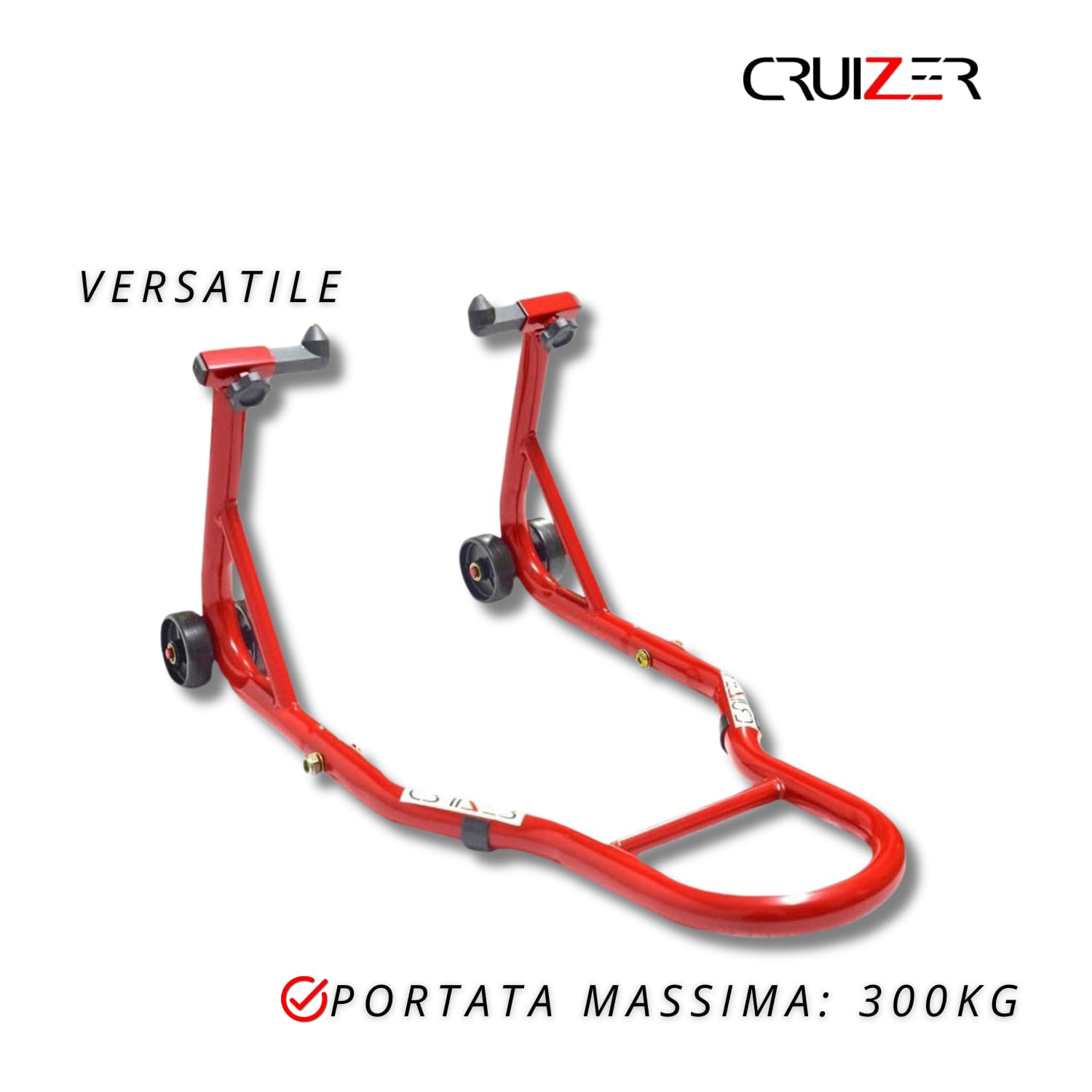 Cruizer - Cavalletto anteriore a coni regolabili universale per moto, traversine irrigidimento, 4 ruote sottostanti, portata 300 Kg