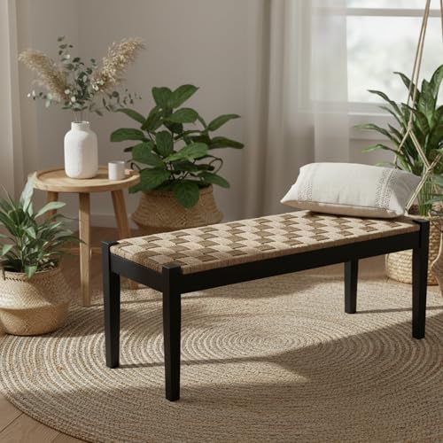 Image of Vintage Entryway Bench, 47 inch Acacia Wood Bench with Woven Seagrass Seat, Entryway Bench, Wicker Bench Indoor for Hallway, End of Bed, Rustic Farmhouse Boho Style, Indoor Decorative Bench (Black)