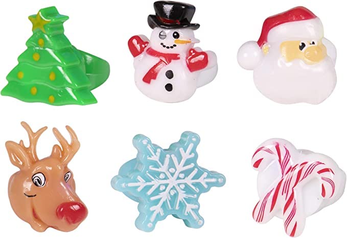 CHRISTMAS Theme Flashing Light Up Toy Rings, LED Jelly Rings, Snowman, Reindeer, Candy Cane, Snow Flake Party Favors For Kids (12-Pack) Stocking Stuffers For Kids
