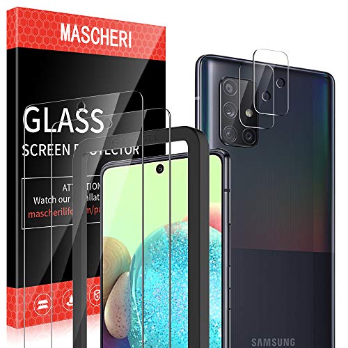 MASCHERI [2 Pack Protector de Pantalla + [2 Pack] Protector de Lente de cámara para Samsung Galaxy A71 Cristal Templado [Marco de posicionamiento] Vidrio Templado Protector Pantalla para Samsung A71