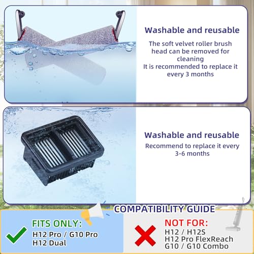 Image of Replacement Parts for Dreame H12 Pro / H12 Dual / G10 Pro Wet Dry Vacuum | NOT for Other Models. ONLY Fits H12 Pro /H12 Dual /G10 Pro. 3 Roller Brushes, 3 Filters & 1 Cleaning Brush