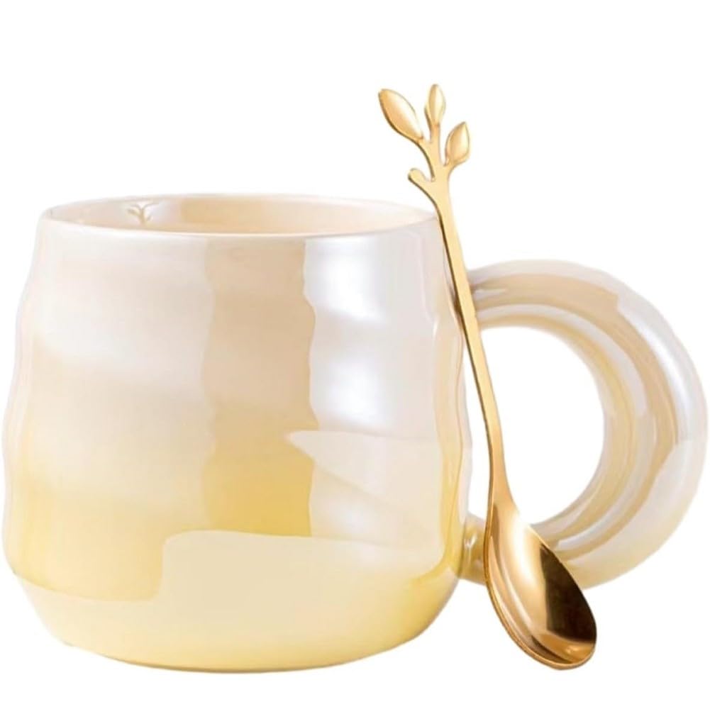 FülleMore Farbverlauf Porzellan Kaffeebecher mit Löffel 380ml große Kaffeetasse mit Henkel spiralenförmige Frühstückstasse Süße Bürotasse Milchbecher Geschenk für Mädchen Frau Oma (Gelb)