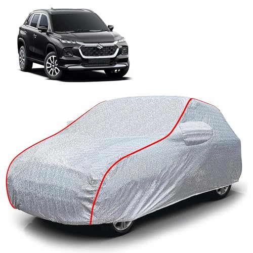 Image of Sulfar 100% Waterproof Car Body Cover Compatible with Mirror for Maruti Suzuki Grand Vitara (Triple Stitched, Full Bottom Elastic, Magic Silver with Red Piping)