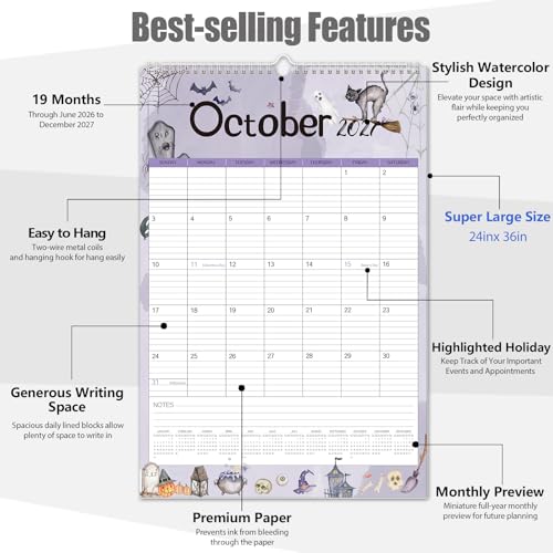 Image of GuassLee Extra Large Wall Calendar 2026,36 inchx 24 inch Vertical Jumbo Hanging Wall Planner, 19-Month Aesthetic Large Calendar Jun. 2026 to Dec. 2027 with Thick Paper Watercolor Design for Easy Organizing