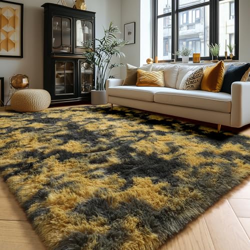 Amdrebio Black Gold Yellow Grey Rugs for Bedroom Living Room Decor, Fluffy Furry Fuzzy Shaggy Area Rug 5x7 for Kids Room Dorm Home Office, Modern Cool Leopard Cheetah Shag Carpet for Teen Boys Men