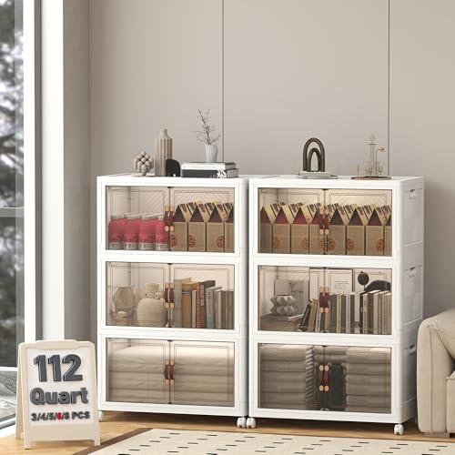 Image of UAMFURI 672QT Lockable Plastic Storage Bins,6 Pack Collapsible Cabinets | Stackable Organizer with Doors & Wheels, Foldable Containers for Bedroom, Dorm, Office & Garage Storage
