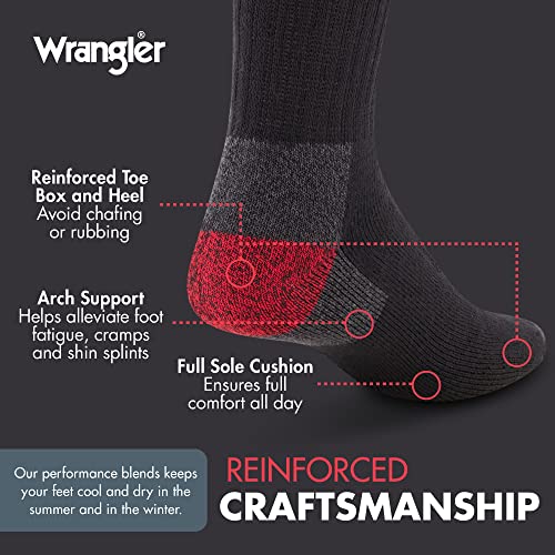 Wrangler Men’s Midweight Outdoor Work Socks, Cushioned, Arch Support, Size 6-12, Recycled Cotton, 3-Pack4