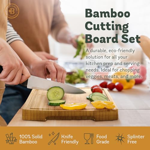 Wood Cutting Board - 4 Piece Bamboo Cutting Board Set, Wooden Cutting Boards for Kitchen with Deep Juice Groove, Side Handles - Chopping Boards for Meat, Vegetables, Charcuterie - Kitchen Gift Set - Image 4