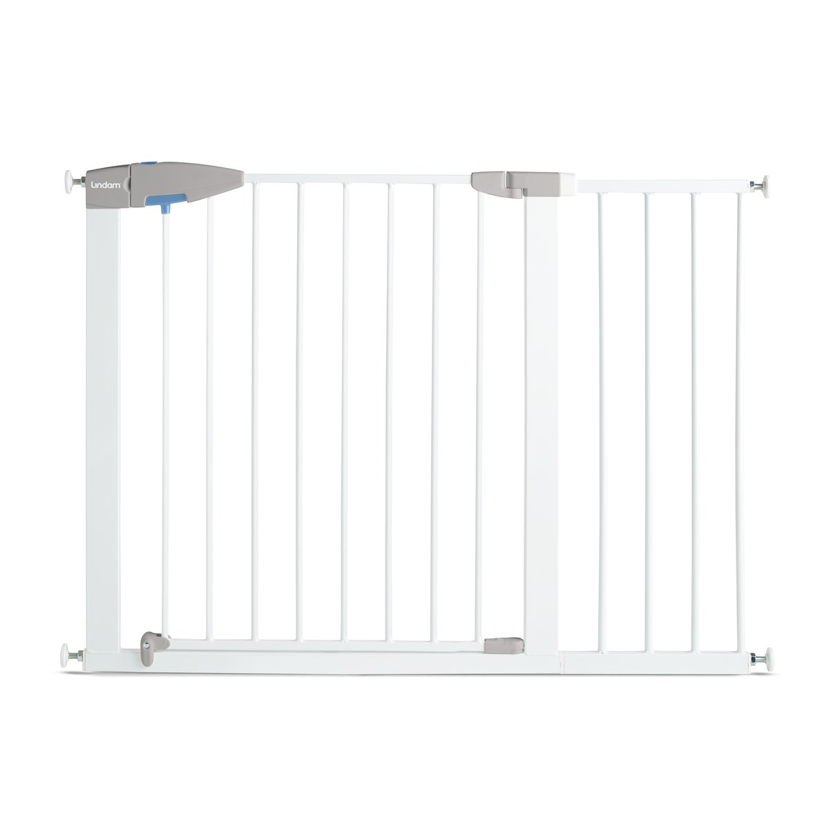 Munchkin Lindam Valla de Seguridad Infantil, Barrera de Escalera para Bebés y Niños Pequeños, Valla de Montaje Fácil sin Tornillos, Puerta de Seguridad para Bebé, 76-82 cm, Blanco + 14cm Extensión