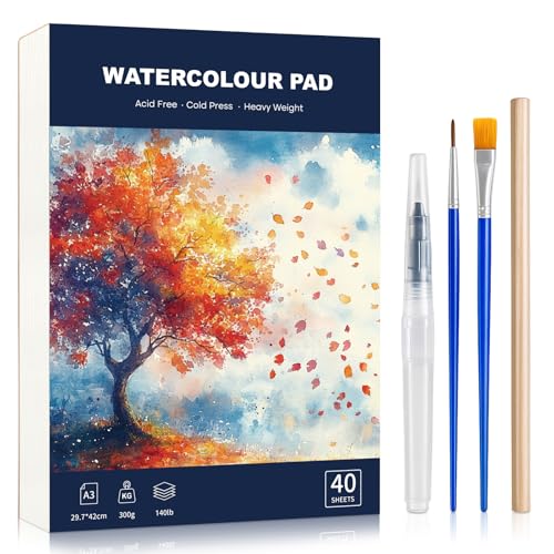 40 Sheets Watercolour Paper Pad A3 with Watercolour Brush and Pencil 300 GSM Watercolour Sketchbook Cold Press Water Colour Paper for Artist Student Art Painting Drawing Mixed Media