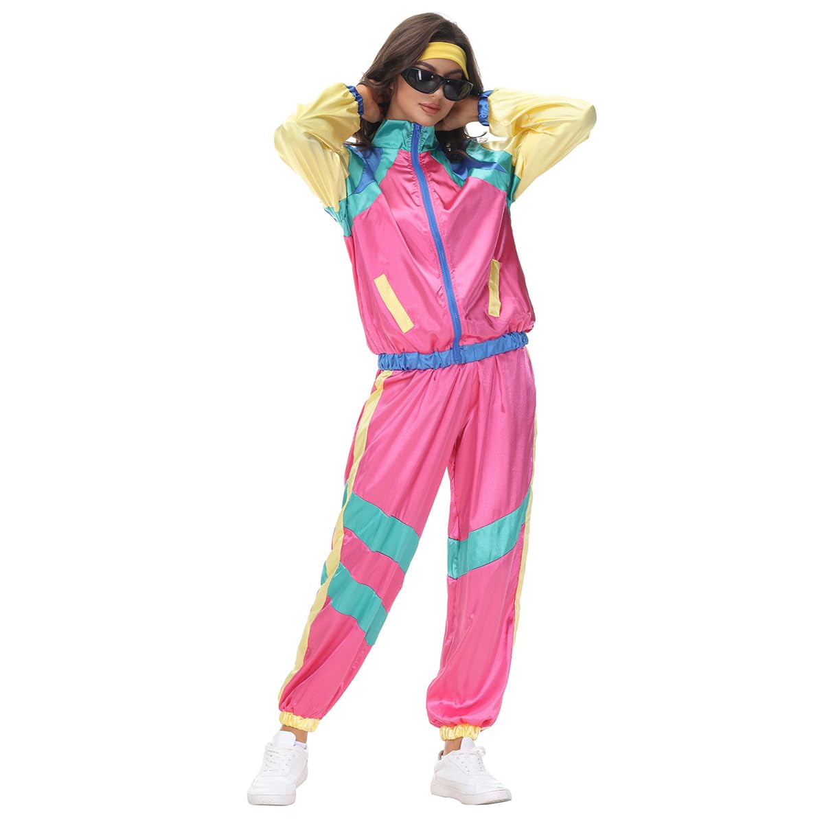 OBEEII Chándal de los años 80 para hombres y mujeres, chaqueta y pantalones, traje con diadema, traje de los años 80 para Halloween, fiesta vintage, carnaval