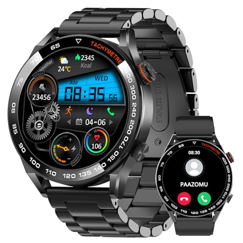 Reloj Inteligente para Hombre para Android iOS, Llamada Bluetooth con Monitor de frecuencia cardíaca/sueño, Pantalla táctil Completa de 1.44 Pulgadas, IP67, Impermeable, Acero Inoxidable, rastreador