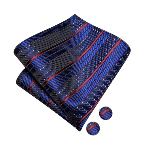Image of Hi-Tie Navy Blue Red Pre-Tied Bowties for Men Silk Clip On Strip Mens Bowtie Pocket Square Cufflinks Set for Wedding Party