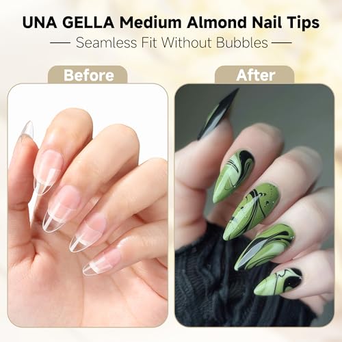 Image of UNA GELLA Almond Shape Nail Tips Half Cover 216pcs Medium Almond Gel Nail Tips Pre-buff Matte Soft Gel Acrylic Press On Nails Easier Nail Extentions Art Salon 12 Sizes