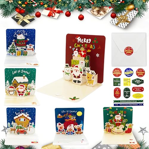 Xcdhemde® Conjunto de 6 cartões de Natal 3D Pop-up, inclui envelopes e autocolantes, cartões postais suspensos e dobráveis para oferecer a crianças, família, cartões postais de Natal