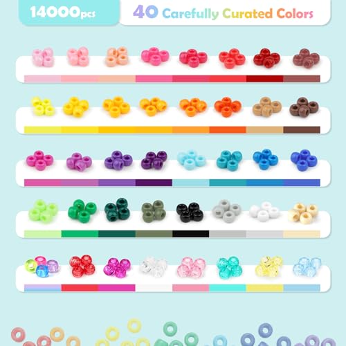 Image of 14000Pcs Pony Beads Kit, 40 Colors Rave Kandi Beads for Bracelet Making Kit with Glow Beads Bulk for Hair Braiding Large Hole DIY Keychain Jewelry Making Craft Kits (Jumbo Kit, 9.2LB)