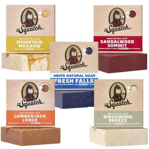 Image of Dr. Squatch Natural Men's Bar Soap - Cold Process Body Soap Bar with Natural Oils - Gifts for Men - Mountain Meadow, Sandalwood Summit, Lumberjack Lodge, Fresh Falls & Birchwood Breeze (5 oz, 5-Pack)