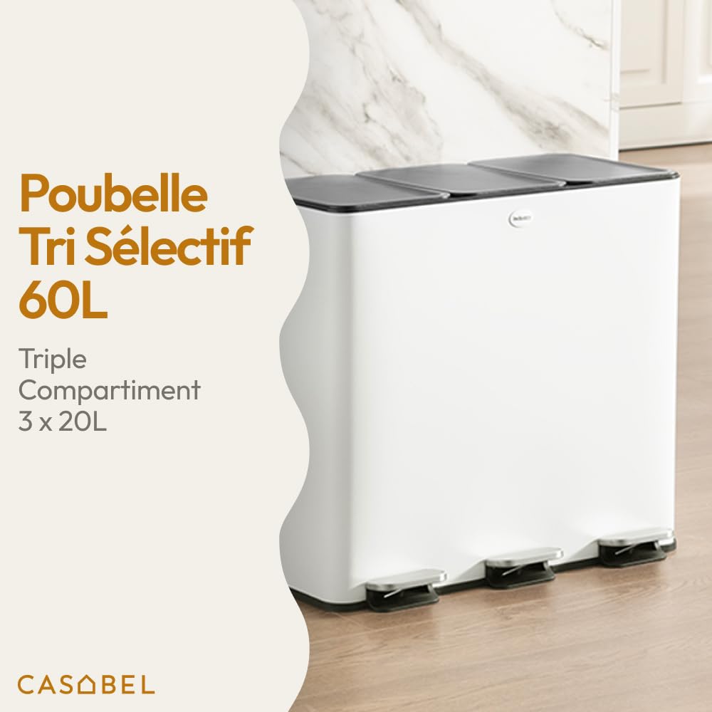 CASABEL Poubelle Tri Sélectif 3x20L, Acier Inox Blanc, Poubelle 60L Cuisine Recyclage Rectangulaire à Pédales, Anti Traces, Anti Odeurs, Systèmes de Tri des Déchets, Poubelle Tri Selectif 3 Bacs
