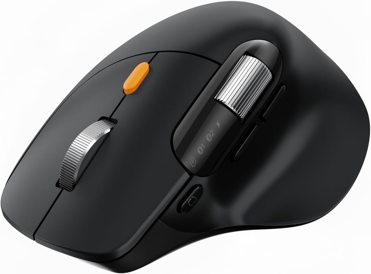 ProtoArc EM25 Ergonomische Maus mit Schnelles Scrollen, 2.4G Kabellos + 2*Bluetooth Wiederaufladbare Mouse, Seitliches Mausrad, Anpassbare Schaltflächen, 8K DPI, für Windows/Mac/Android - Schwarz