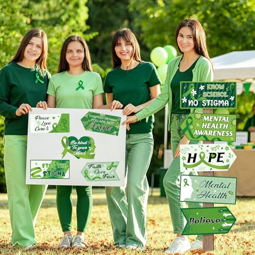 Image of Hooqict 20 Pieces Mental Health Awareness Decorations Signs Motivational Inspirational Green Ribbon Party Directional Sign for Mental Health Awareness Month Therapy Counseling Office Decorations