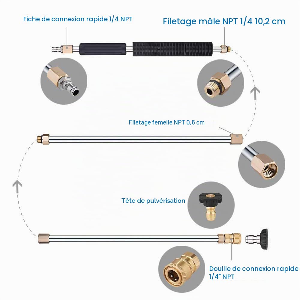 Tiges d'extension pour nettoyeur haute pression - Outils de nettoyage pour nettoyeur haute pression de 120 pouces, lance rechange télescopique, conseils pour buses nettoyage vitres