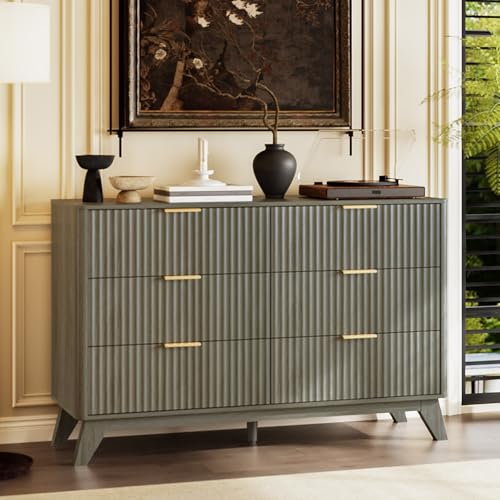 Image of VINGLI Fluted Grey Dresser 6 Drawer Gray Dresser with Rounded Edges, Grey Dressers for Bedroom, 46.8 inch W*15.5 inch D*31 inch H