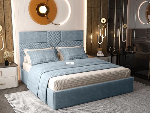 Image of Acacia Modern Upholstered King Size Bed with Box Storage for Bedroom | Wooden Double Bed with Storage | Platform Cot Bed with Upholstery Premium Fabric | 6.5 x 6 Ft | Sheesham Wood (Light Blue)