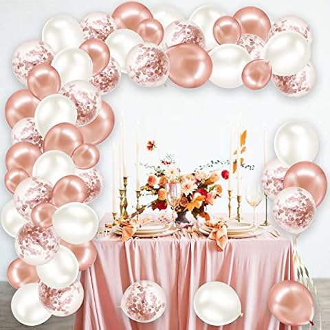 Rorchio Rose Gold Balloon Arch Kit, Balloon Garland Rose Gold Confetti Balloons and Pearl White Balloons, Balloon Tie and Tape for Birthday Wedding Party Decoration Cover