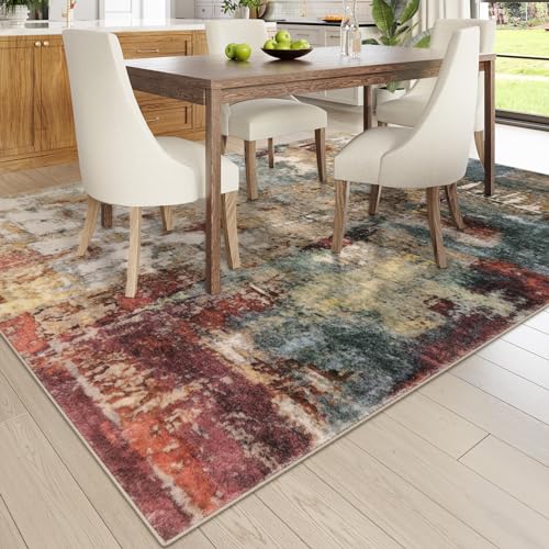 Lahome Modern Abstract 9x12 Area Rugs for Bedroom, Washable Living Room Rug for Bedroom Low Pile Non Slip, Red Soft Indoor Accent Carpet for Dining Room Table Home Decor Use