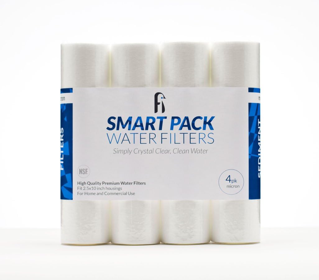 Smart Pack 1 Micron NSF Sediment Water Filter For RO, DI, Whole House, Ice Machine - Universal Size 2.5" x 10", 4 Pack
