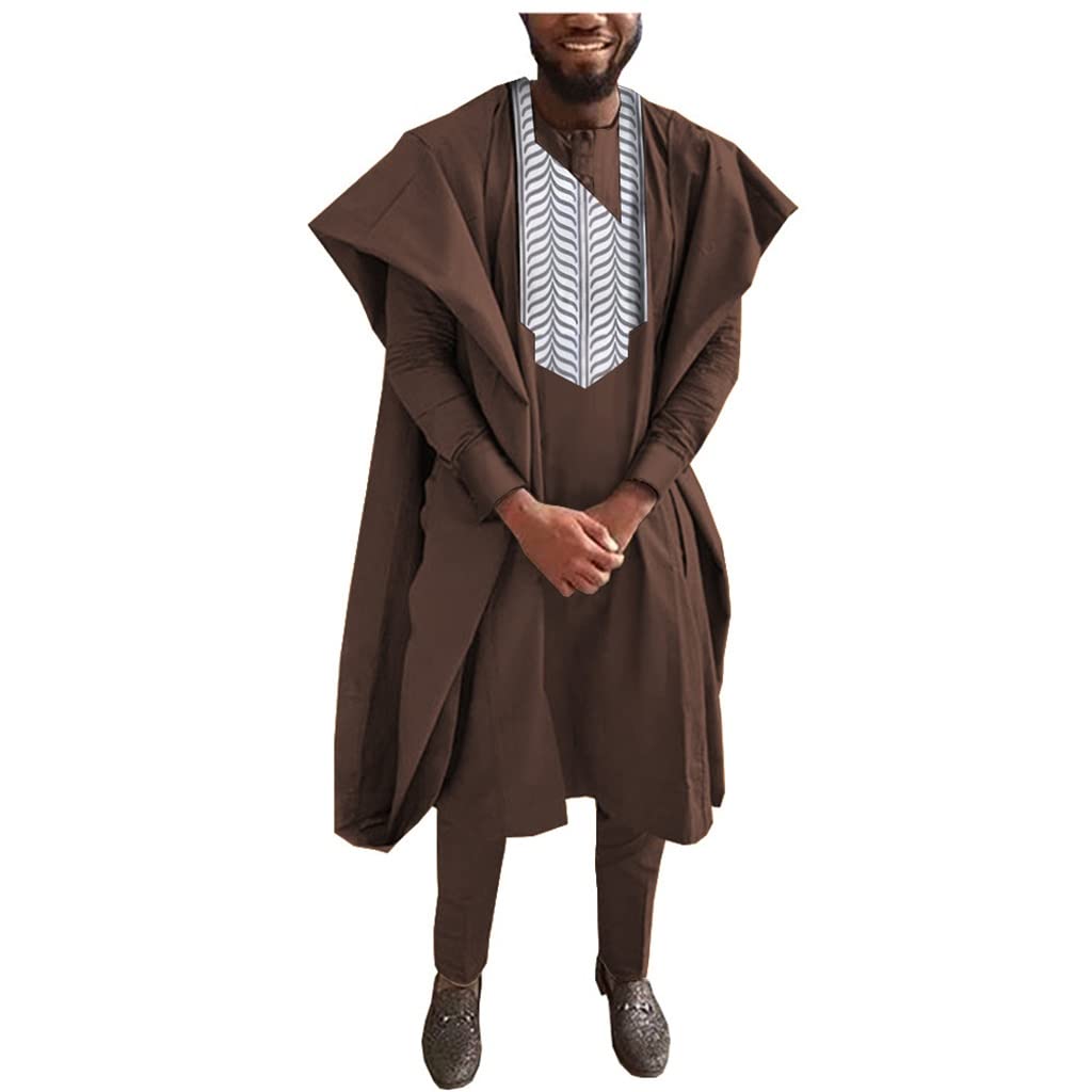 Costume Agbada traditionnel marron ensemble haut de gamme brodé en XXL
