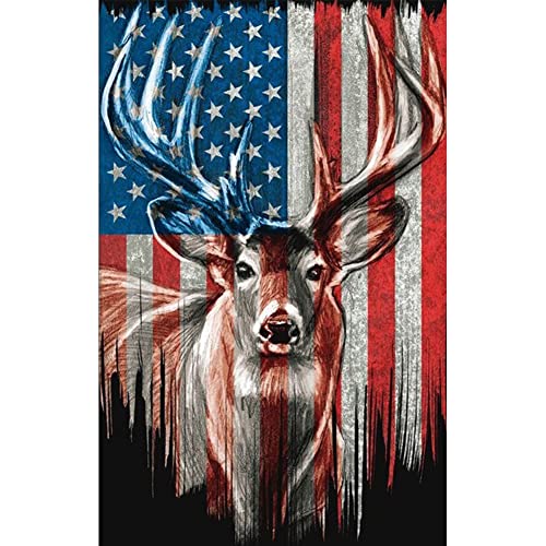 Diamond Art Deer and Flag-Deer Diamond Painting Kits with Round Full Drill,5D Diamond Painting Deer and Flag for Home Wall Decor Gift(12x16inch)