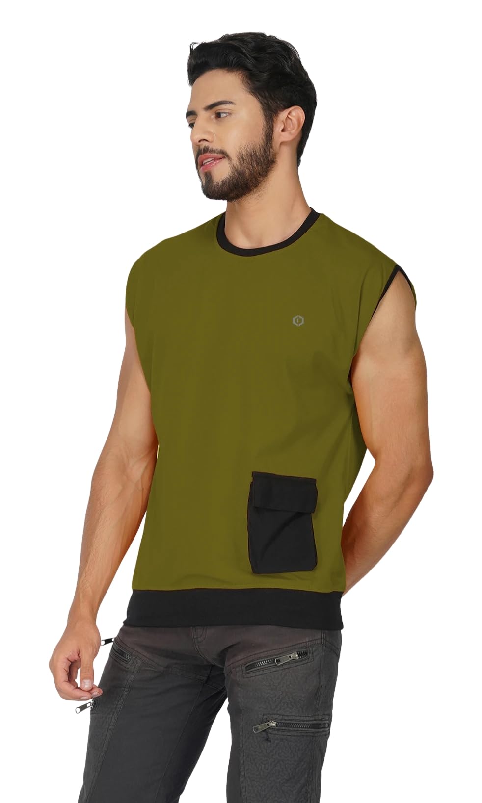 febue Men's Color-Blocked Sleeveless Vest Tank | Cotton Gym T-Shirt with Black Front Pocket & Round Neck | Regular Fit Casual Wear | Pack of 1-picture-24