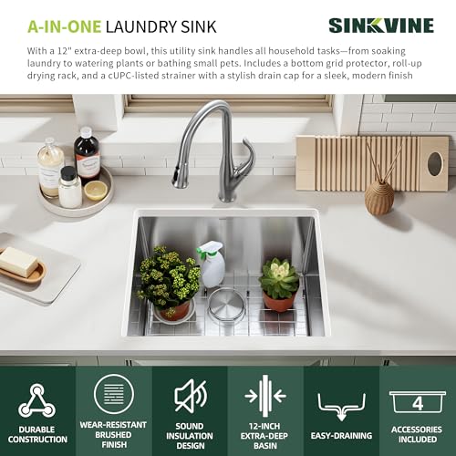 Image of 24-inch Undermount Laundry Utility Sink, Stainless Steel | 24x18x12 Extra Deep Single Bowl for Laundry Room, Garage and Outdoor Kitchen with Bottom Grid, Drain Strainer and Drying Rack