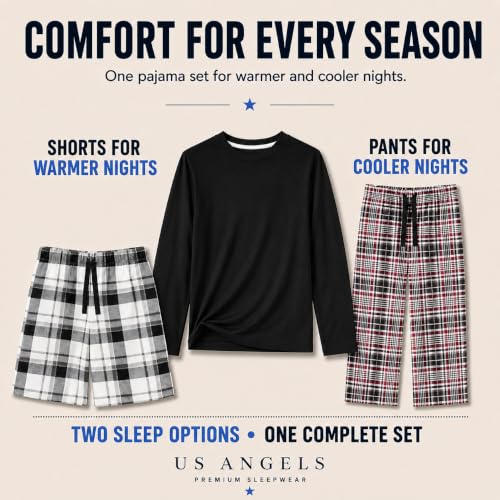 Image of US Angels Boys Pajamas Set | 3-Piece Pant, Shirt, Shorts Sleepwear Pjs for Kids | Loose Fit, Soft, Breathable Blue Plaid