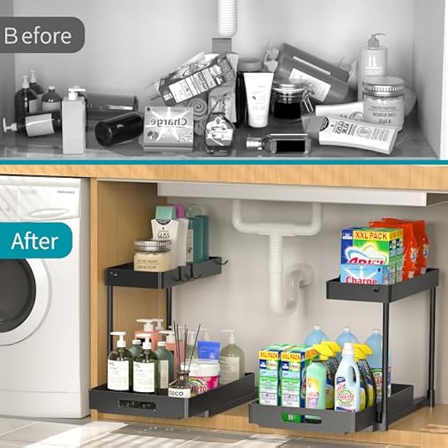 L-Shaped Under Sink Organizer, Bathroom Kitchen Sink Organizers and Storage, Under Sink Cabinet Drawer Shelf, Black