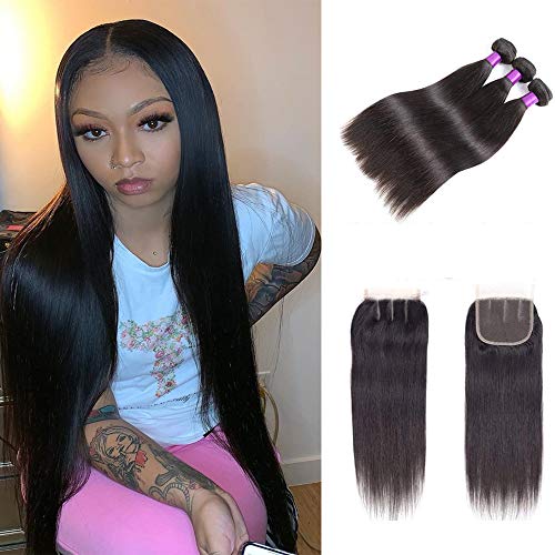 Indian Straight Hair 3 Bundles with Closure 8A Unprocessed Virgin Human Hair Straight with Lace Closure Three Part 100% Human Hair Bundles Extensions with Baby Hair (16 18 20+14, Natural color)………
