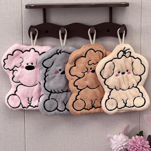 Image of House of Quirk Puppy Shaped Hanging Towels Set of 2 | Soft Coral Fleece Kitchen & Bathroom Towels | Super Absorbent & Quick-Dry Decorative Cloths (Pink /Beige)