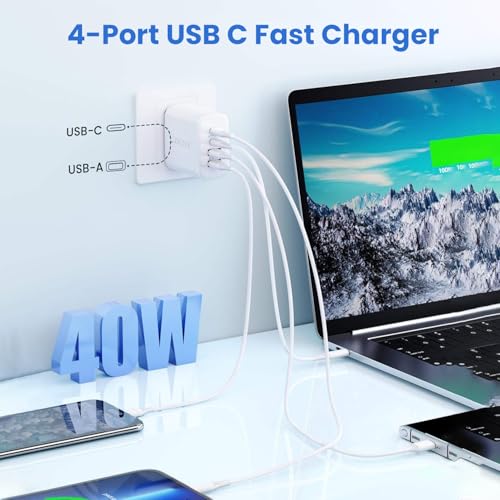 Image of 4USB Ports Gan 40W Foldable Charger 2 Pack - Compact USB-C & USB-A Fast Charger with Smart Power Output for Safe Charging- Charging Block compatible with Apple, Android & Google Devices Simultaneously