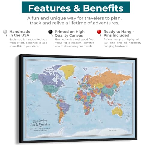 Image of Blue Oceans World Push Pin Map Canvas - Personalized Travel Gift - Framed Wall Decor - Silver Float Frame - 30 inch x 45 inch