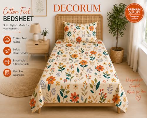 Image of DECORUM Glace Cotton Single Bedsheet with 1 Pillow Cover | Soft, Durable, Lightweight & Skin-Friendly Fabric| Suitable for Single /Diwan Bed Size