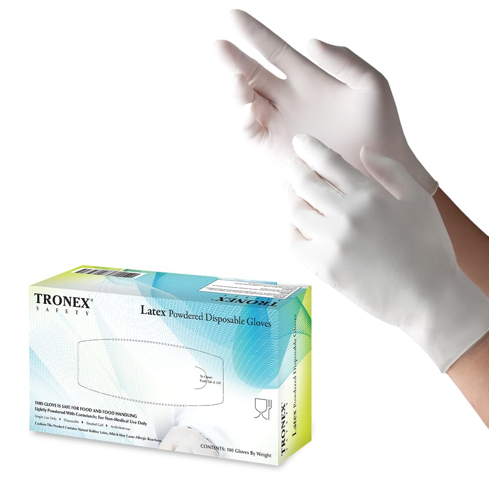 TRONEX 1510 Rubber Latex Disposable Gloves, Non Medical, General Purpose, Food Handling, Food Preparation, Light Industrial, Smooth Finish, Corn Starch Powdered, Natural Color, Large, Box of 100