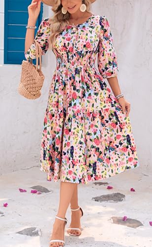 Kormei Women Casual Boho Floral Round Neck 3/4 Sleeve Smocked Waist Tiered A Line Flowy Swing Midi Dress Long Dresses3