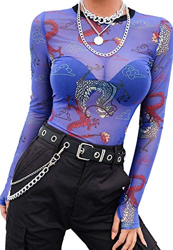 MIZOK Women's Long Sleeve See Through Shirts Dragon Printed Mesh Crop Tops Tee (L,Blue)