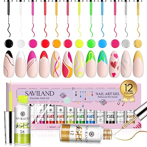 Saviland Nail Art Gel Nail Polish - Gel Liner Nail Polish Neon Rainbow 8Ml Gel Polish With Thin Brush Hot Pink Blue Green Yellow, Gel Paint For Nails Art Gel Nail Art French Nail Prom Deisign Vacation Summer Gift For Women #TOP28