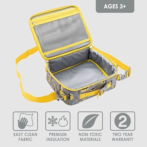 Bentgo® Kids Lunch Bag - Durable, Double Insulated, Water-Resistant Fabric, Interior & Exterior Zippered Pockets, Water Bottle Holder - Ideal For Children 3+ (Construction Trucks) #TOP1