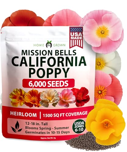 Image of HOME GROWN California Poppy Mission Bells 6000 Seeds (9g) - Flower Seeds for Planting Outdoors, Vibrant Spring & Summer Blooms, Drought Tolerant Annual for Sunny Gardens (Eschscholzia californica)